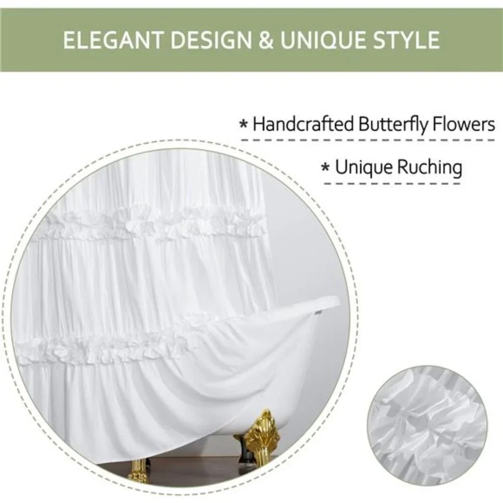 Ruffle Shower Curtain,Ruched Microfiber Vintage Handcrafted Bow Tie Bath Curtain